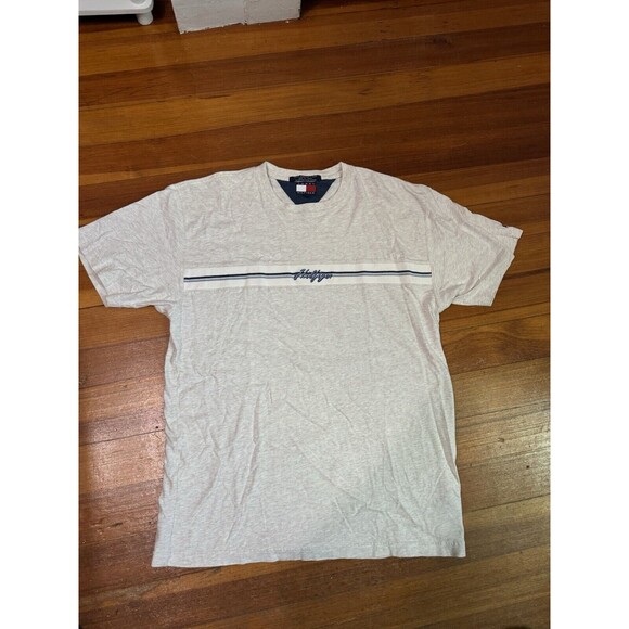 Y2K Tommy Hilfiger Spell Out Shirt Heather Gray Embroidered Vintage Mens Medium - Picture 2 of 8